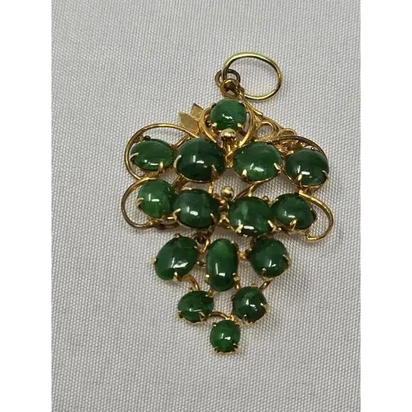 14K Solid Gold Natural Green Jadeite Grape Cluster Pendant Cabochon Vintage